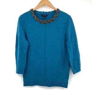 Lands’ End Teal Sweater Women’s Small Beaded Collar Wool Blend 3/4 Sleeve Preppy